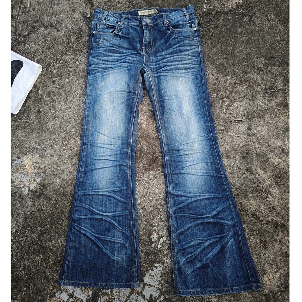 Vintage Japanese Faded Wash Whiskered Flared Bootcut Denim Blue Jeans size 32x31